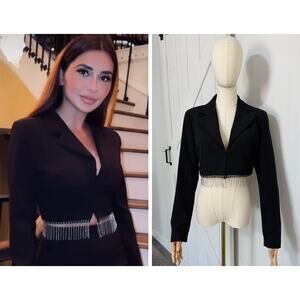 House of Harlow 1960 Size S Black Cropped Blazer Crystal Rhinestone Fringe Hem